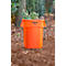 Poubelle orange remplie de branches à l'extérieur. Inscription: BRUTE.