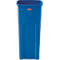 Poubelle bleue, rectangulaire, avec un logo rouge.