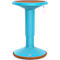 Tabouret debout turquoise et marron, réglable en hauteur. Siège et fond marron, boucle orange.