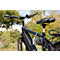 Black e-bike outdoors, with a battery attached to the frame. The bicycle is shown in detail, the background is blurred.