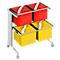 A rolling file cart with red and yellow hanging files. The files are equipped with white tabs. The cart is made of metal.