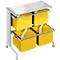 Rolling cart with yellow hanging files. Two levels with folders, a shelf above, on casters.