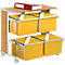 Mobile cart with yellow hanging folders and red binder. The folders are arranged in shelves. The cart is on wheels.