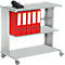 Grey serving cart with 4 red binders and a telephone. Binders have white labels. The cart is on wheels.