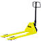 Yellow pallet jack on white background. Black handle, wheels, and logo.
