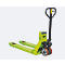 Yellow-green pallet truck with digital scale. Black handle and wheels. On a white background.