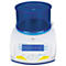Scale with blue cover, display: 0.00 g. Yellow buttons for functions, white base.