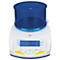 White laboratory scale with blue protective cover shows 0.00 g. Yellow buttons with labels, including "Tare".