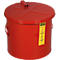 Red metal container with lid and carrying handles. Yellow label with text. The lid is equipped with a flap at the top.
