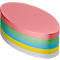 A stack of oval notepads in different colors: pink, green, blue, yellow, white.