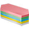 Stack of colorful paper sheets, in pink, green, blue, and yellow. A white base at the bottom.