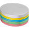 A stack of round paper sheets, alternating in white, yellow, blue, green, and pink.