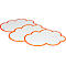 Three white clouds with orange border against a white background.