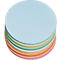 A stack of various colored round papers.