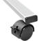 Close-up of a white table leg with a black caster.