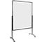 A mobile, white board with a black frame and legs. It stands on castors.