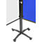 Black mobile whiteboard with blue and white sections. The board is mounted on a sturdy, black base.