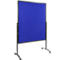 Blue, freestanding whiteboard with black frame and wheels.