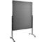 Black mobile partition. The rectangular surface sits on a black frame that stands on wheels.