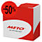 Productdoos, rood-wit, met -50% kortingssticker. Opschrift: METO, your retail label expert.