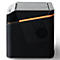 Appareil noir rectangulaire avec ligne orange. Dessus gris, panneau latéral avec rainures inclinées. Boutons sur le dessus.