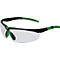 Lunettes de sécurité avec verres transparents, monture noire et accents verts. Le modèle de lunettes est représenté de côté.