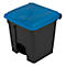 Black trash can with blue lid.