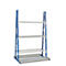 A blue and silver storage rack with several shelves against a white background.