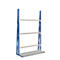A blue metal shelf with three white shelves against a white background. The shelf has a low base plate.