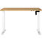 In hoogte verstelbaar bureau, licht hout, wit frame.
