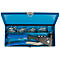 Blue metal toolbox with rivets and rivet pliers.