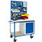 Blue workshop cart with tools. It has a pegboard, a work surface, a cabinet, and tools.