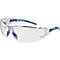Lunettes de sécurité transparentes avec branches et détails bleus, en gros plan. Sur fond clair.