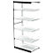 Shelving unit with white shelves, black frame. Multiple levels.