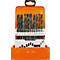 Bohrer-Set in orangefarbener Box. Bohrer sind in einem weißen Einsatz mit Größenangaben angeordnet.