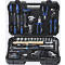 Mallette à outils noire avec divers outils bleus et argentés, ouverte.