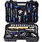 Boîte à outils noire avec des outils bleus et argentés : tournevis, pinces, clés et plus encore.