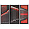 Tool case with various wrenches arranged in red holders on a dark, textured background.