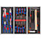 Toolbox containing pliers, screwdrivers, and hammers. The tools are neatly arranged in their holders.