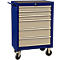 Blue and gray tool cabinet with drawers. It has wheels and a handle.