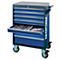 Blue tool chest with an open drawer. Tools are inside. The word "PROJAHN" is on the side. The chest is on wheels.