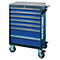 Blue tool cart with 6 drawers and wheels.