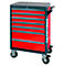 Red tool cabinet with seven drawers, black frame and wheels.