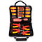 Tool case with red and yellow tools. Screwdrivers, pliers and a knife.