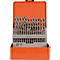Borenset in een oranje metalen doos, boren zijn gesorteerd en gemarkeerd op maat. Labeling van 6,0 tot 7,5 mm.