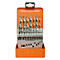 Bohrer-Set in orangefarbener Metallbox. Aufgereiht in einer grauen Halterung mit Größenangaben: 1 bis 10 mm.