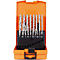 Bohrer-Set in orangefarbener Box. Bohrer sind in Größen von 1 bis 6 mm angeordnet.
