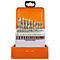Bohrer-Set in orangefarbener Box. Bohrer sind in verschiedenen Größen angeordnet, beschriftet mit Zahlen.