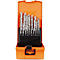 Bohrer-Set in orangefarbener Box. Bohrer sind in einem schwarzen Kunststoffhalter angeordnet.