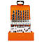 Ein Set von Metallbohrern in einer orangefarbenen Box. Verschiedene Größen sind in Reihe angeordnet und beschriftet.